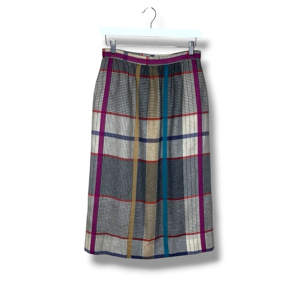 Vintage Jo Hardin Wool Blend Plaid Midi Skirt Large Multicolor Check Pleated 10